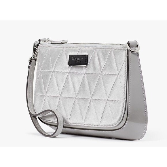 Kate Spade Sam Icon Quilted Satin Clutch Wristlet Silver - Picture 2 of 7